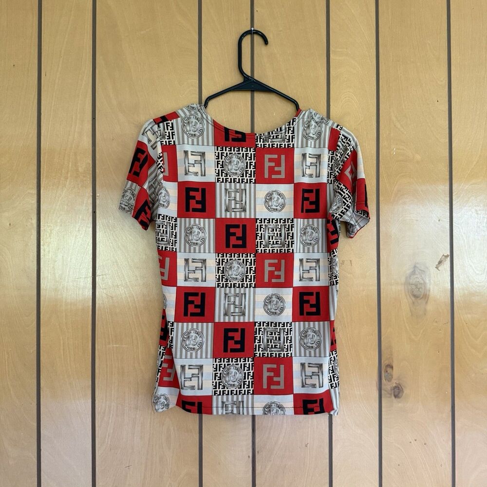 Vintage Fendi Jeans Logo Coin Print Shirt Size M Red Brown Top Women’s Blouse - Picture 8 of 13
